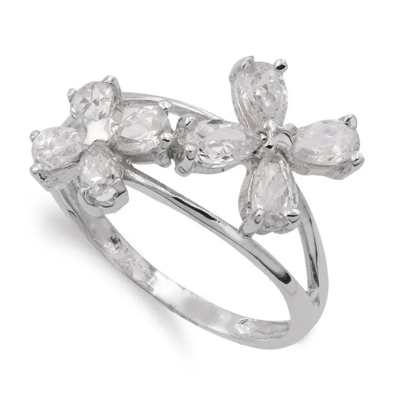 Sortija oro blanco 18k mujer flores circonitas combinadas caladas