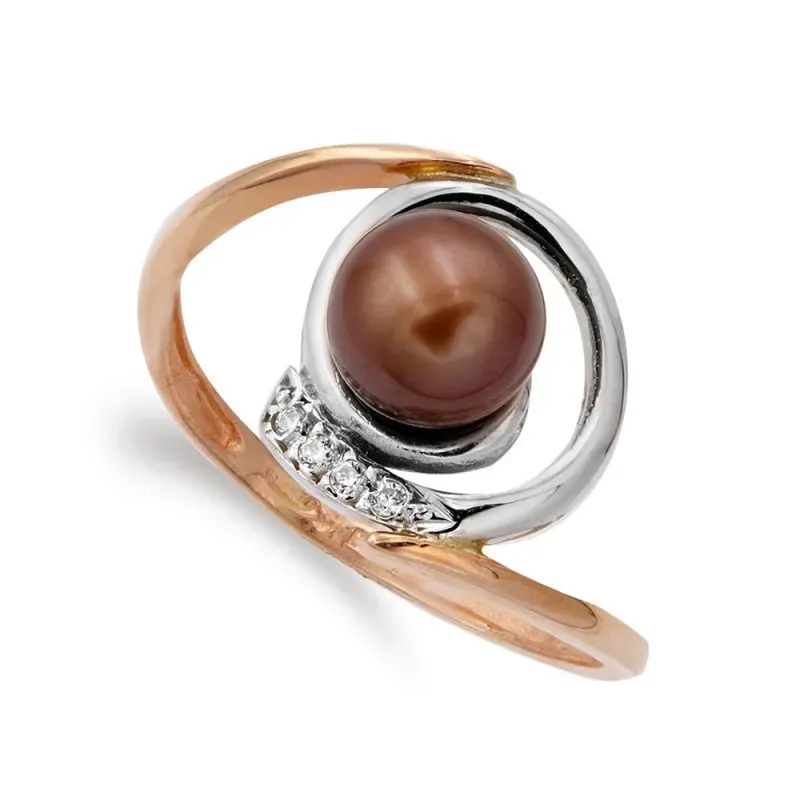 Sortija oro bicolor 18k mujer perla marrón 7 mm. formas combinadas or