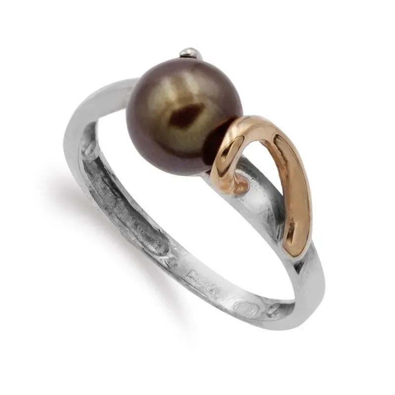 Sortija oro bicolor 18k mujer perla natural 7 mm.