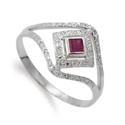 Sortija oro blanco 18k mujer rubí centro combinado circonitas rombo f