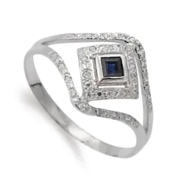 Sortija oro blanco 18k mujer zafiro centro combinado circonitas rombo