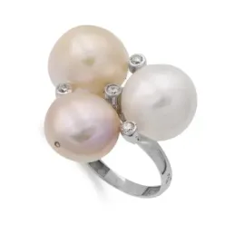 Sortija oro blanco 18k mujer tres perlas barrocas combinadas circonit