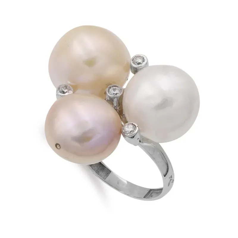 Sortija oro blanco 18k mujer tres perlas barrocas combinadas circonit