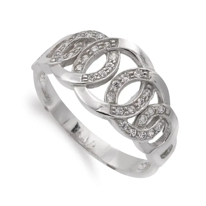 Sortija oro blanco 18k mujer circulos calados combinados circonitas