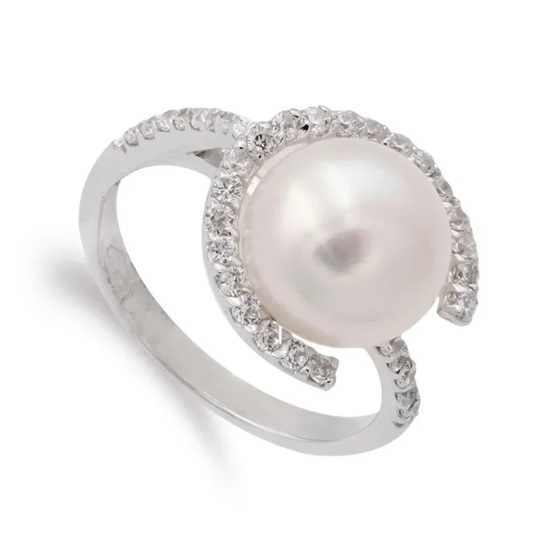 Sortija oro blanco 18k mujer perla 10 mm. centro combinada circonitas