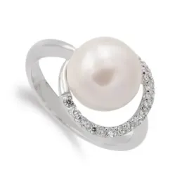 Sortija oro blanco 18k mujer perla 10 mm. centro combinada circonitas