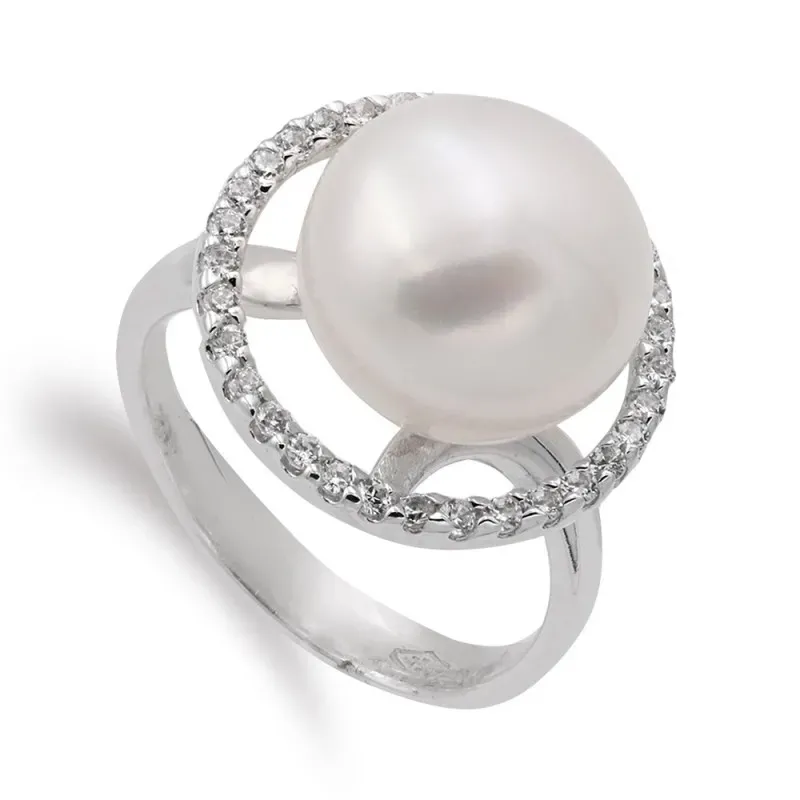 Sortija oro blanco 18k mujer perla 10 mm. círculo calado circonitas