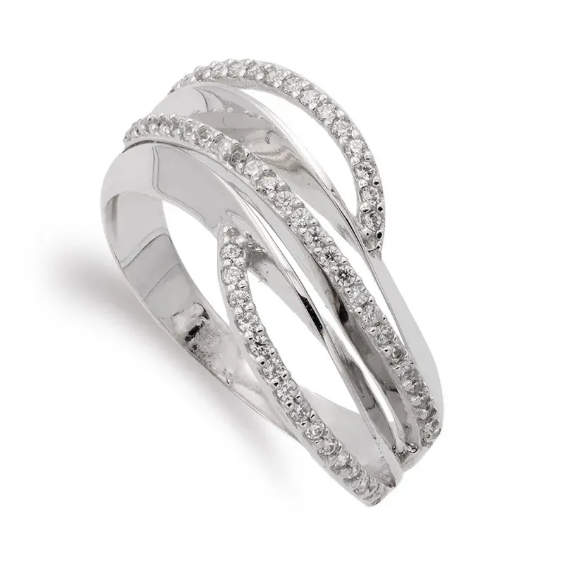 Sortija oro blanco 18k mujer circonitas líneas caladas
