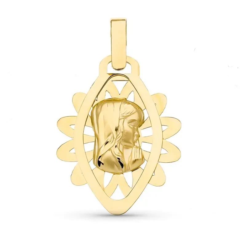 Medalla oro 18k Virgen Niña 24 mm. forma ovalada calada