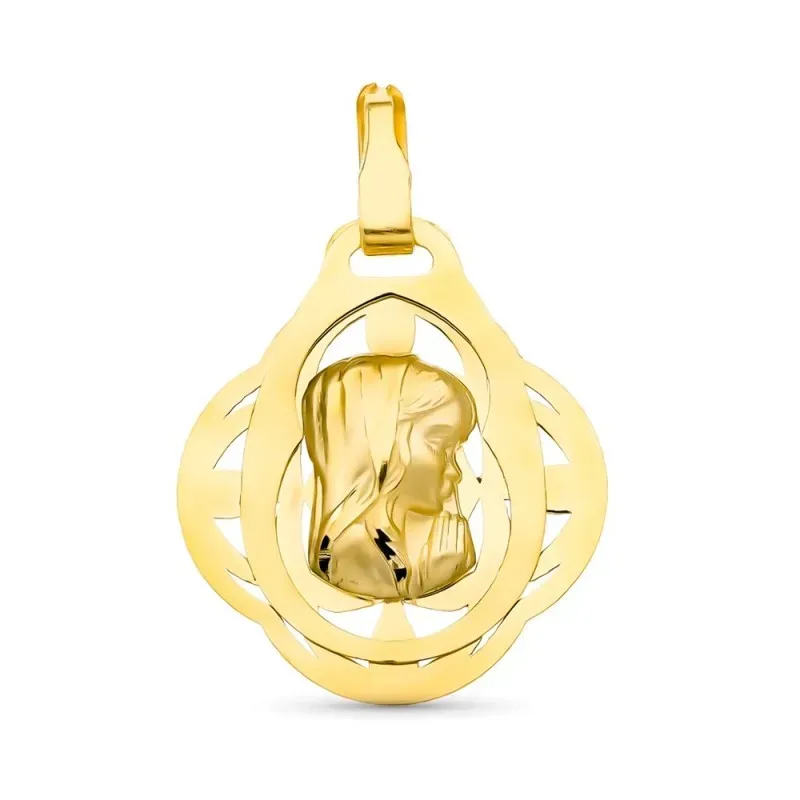 Medalla oro 18k Virgen Niña 22 mm. calada formas