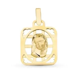 Medalla oro 18k Virgen Niña 21 mm. cuadrada formas caladas