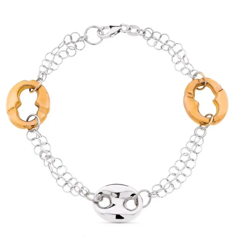 Pulsera oro bicolor 18k mujer nudo barco rosa combinado mosquetón