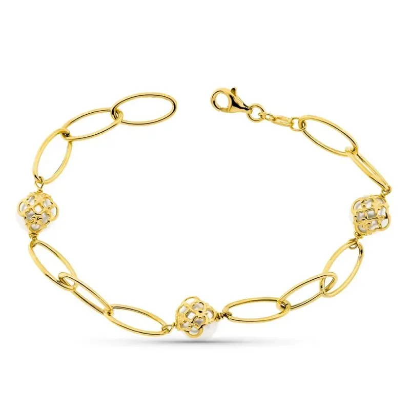 Pulsera oro 18k mujer forzada combinada perlas 8 mm. mosquetón