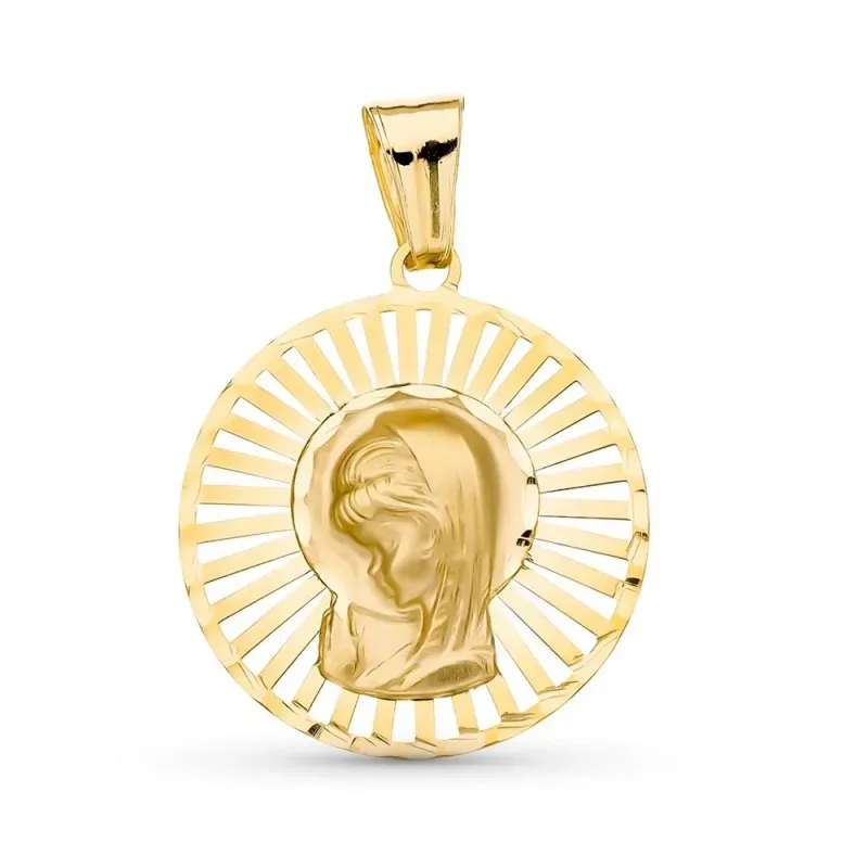 Medalla oro 18k Virgen Niña 22 mm. redonda calada