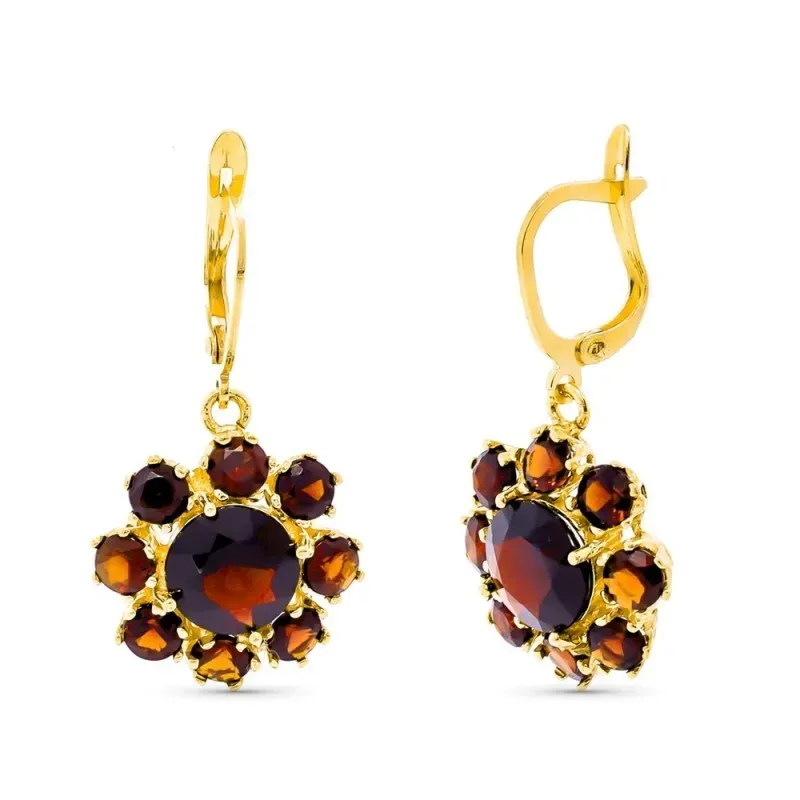 Pendientes oro 18k mujer largos 30 mm. flor garras color cierre palil