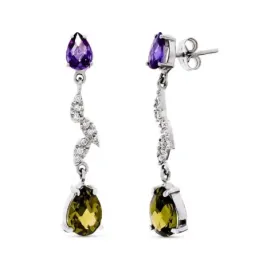Pendientes oro blanco 18k mujer largos 36 mm. piedras color combinada