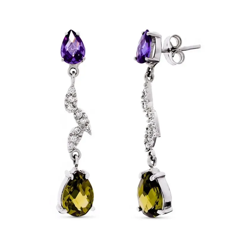 Pendientes oro blanco 18k mujer largos 36 mm. piedras color combinada
