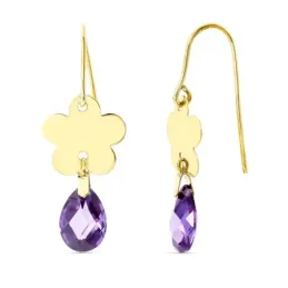 Pendientes oro 18k mujer largos 10 mm. flor combinada piedra amatista