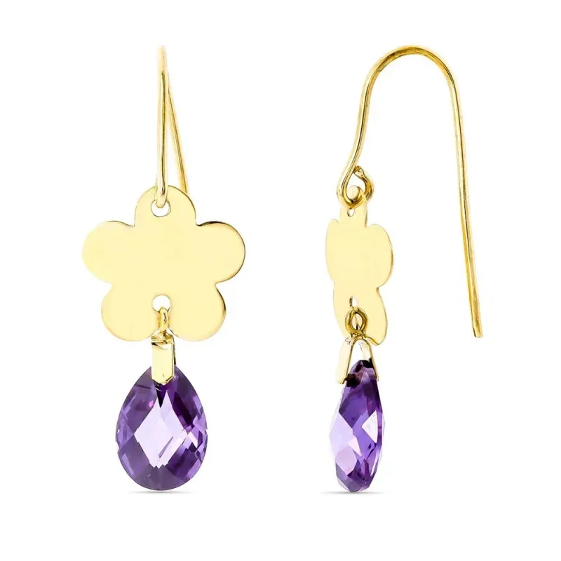 Pendientes oro 18k mujer largos 10 mm. flor combinada piedra amatista