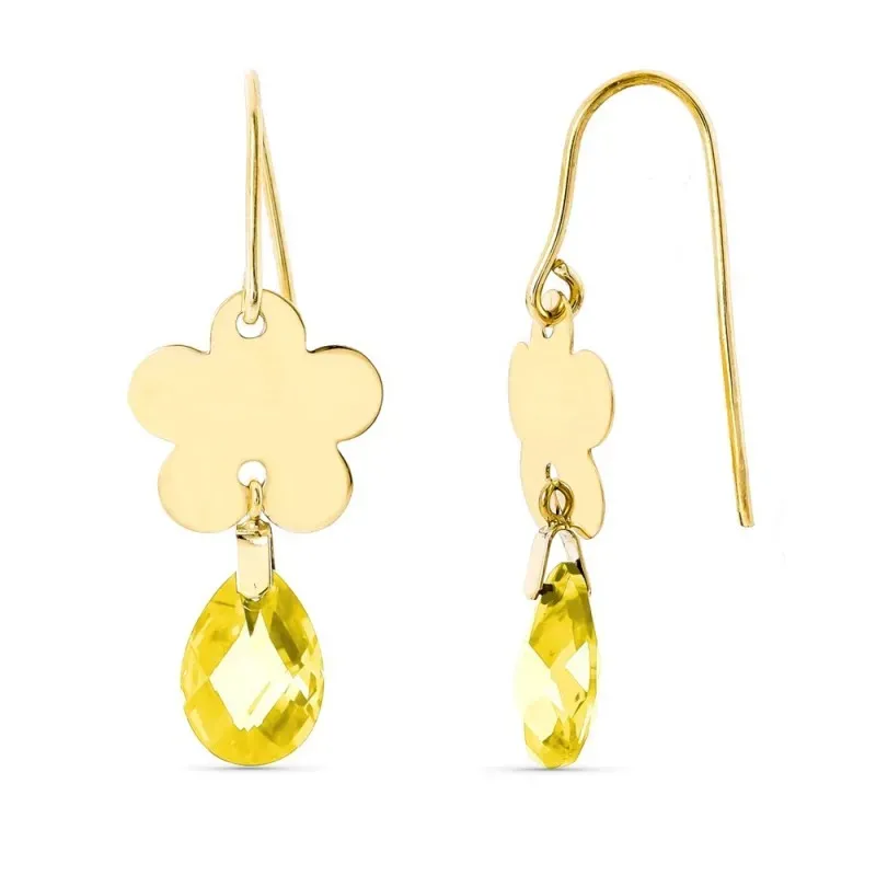 Pendientes oro 18k mujer largos 10 mm. flor combinada citrina