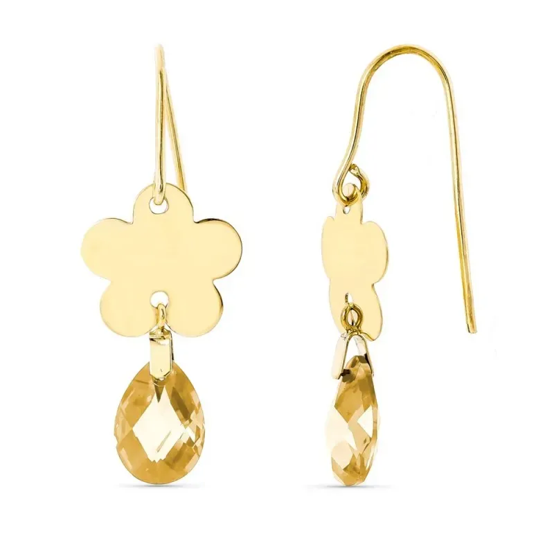 Pendientes oro 18k mujer largos 10 mm. flor combinada topacio