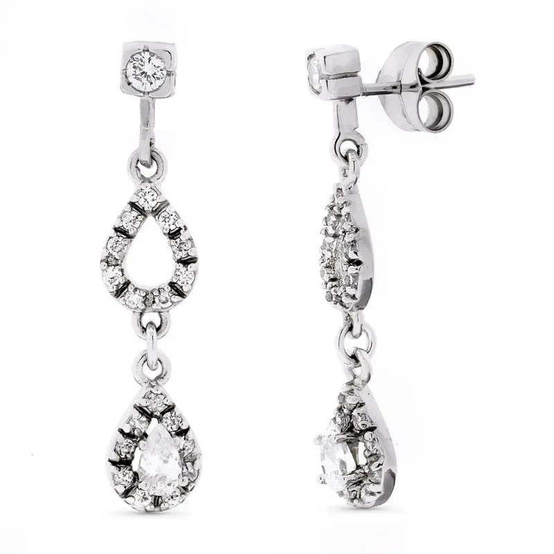 Pendientes oro blanco 18k mujer largos 32 mm. circonitas combinadas f