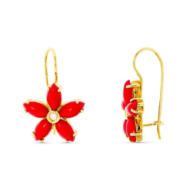 Pendientes oro 18k mujer 6 mm. flor corales combinados circonitas