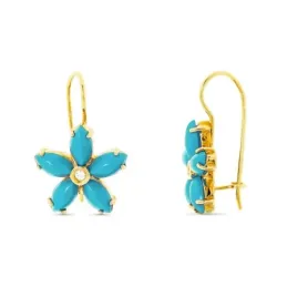 Pendientes oro 18k mujer 6 mm. flor turquesas combinadas circonitas