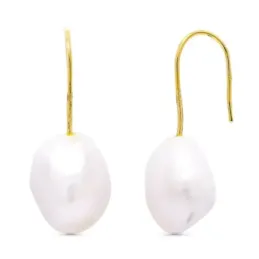 Pendientes oro 18k mujer largos 33 mm. perla cultivada pera
