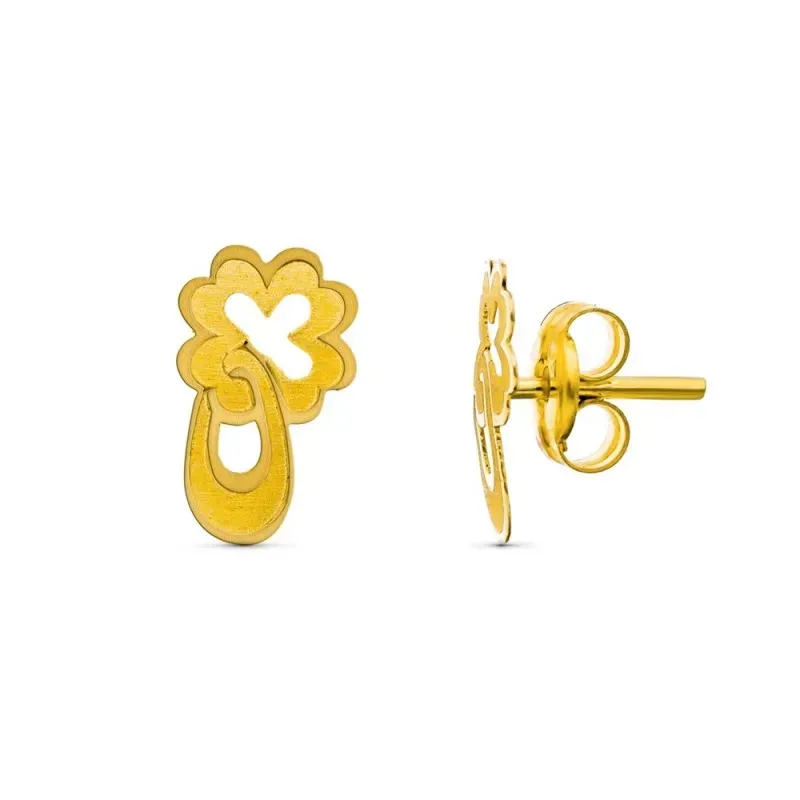 Pendientes oro 18k niña 9 mm. trebol calado combinado