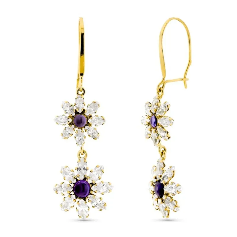 Pendientes oro 18k mujer largos piedras color forma flor