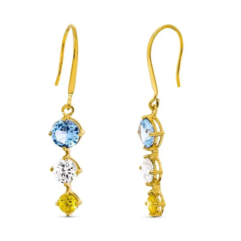 Pendientes oro 18k mujer largos 24 mm. tres piedras color