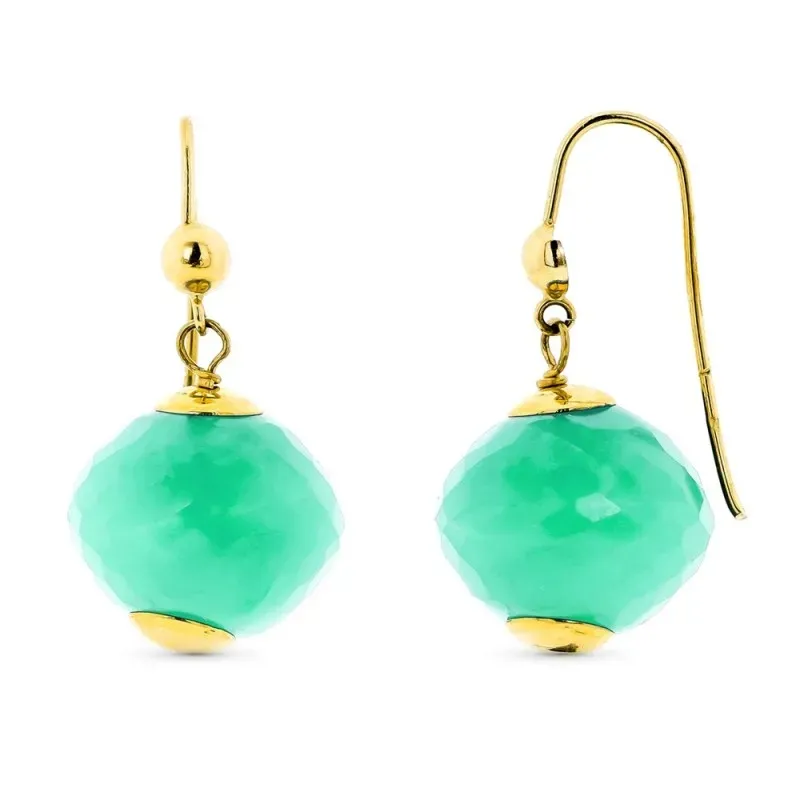 Pendientes oro 18k mujer largos 28 mm. piedra color verde