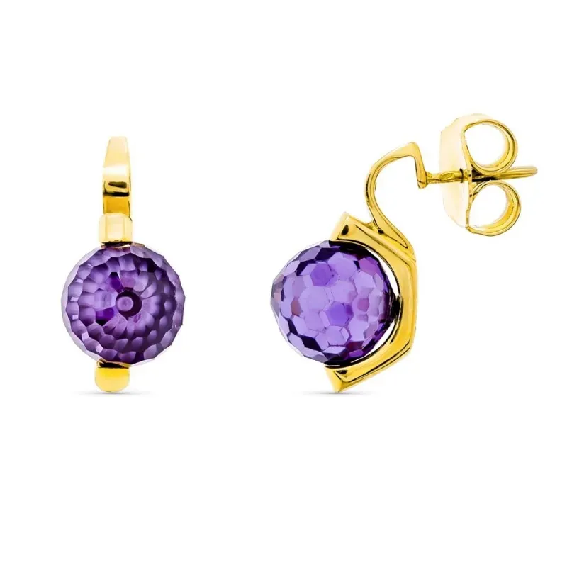 Pendientes oro 18k mujer 10 mm. piedra color morada