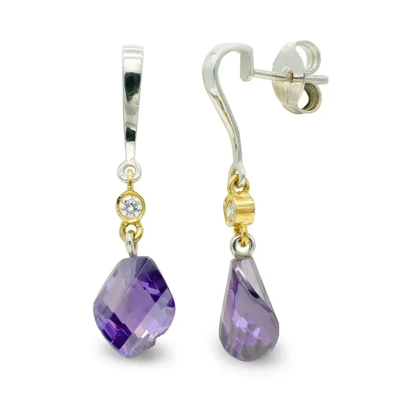 Pendientes oro bicolor 18k mujer largos amatista 11 mm. combinados ci