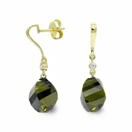 Pendientes oro 18k mujer largos olivina 14 mm. circonita presión