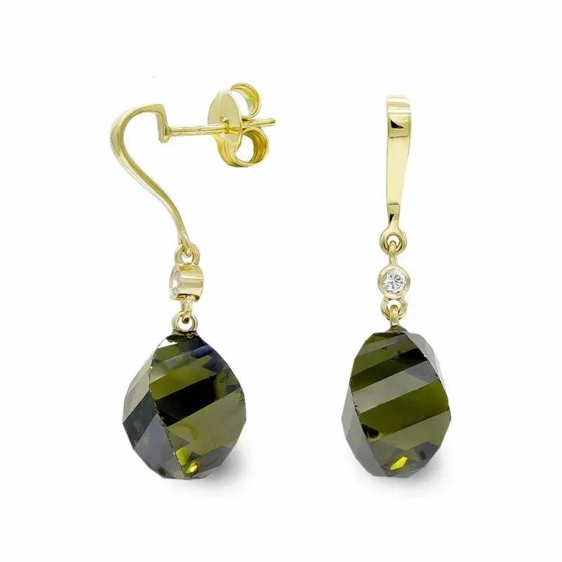 Pendientes oro 18k mujer largos olivina 14 mm. circonita presión