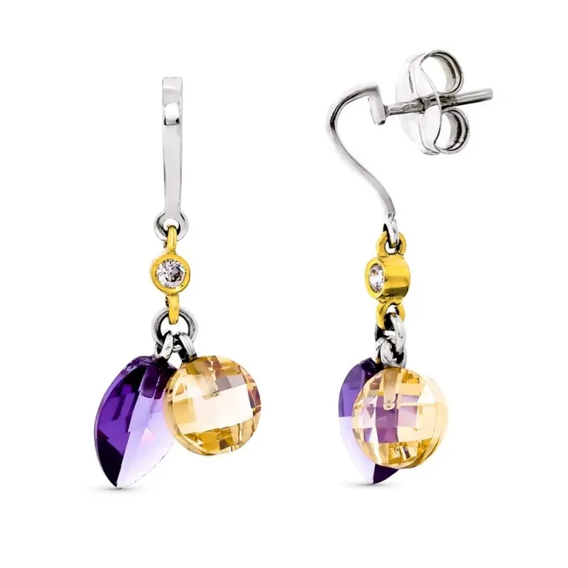 Pendientes oro bicolor 18k mujer largos amatista combinada cuncita pr
