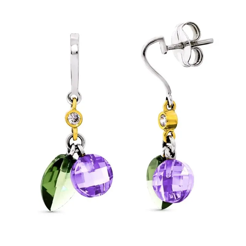 Pendientes oro bicolor 18k mujer largos amatista combinada olivina pr