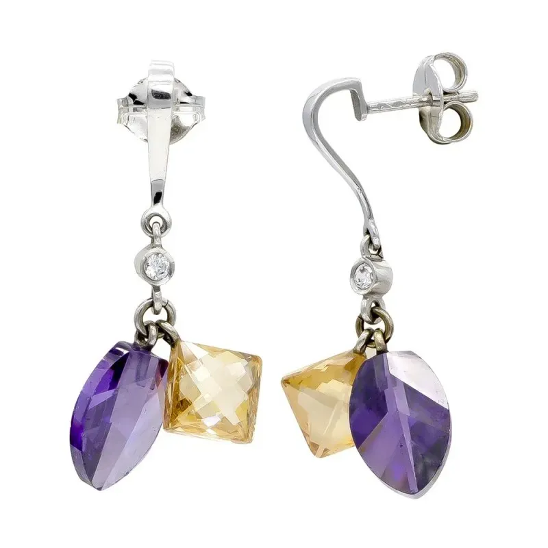 Pendientes oro blanco 18k mujer largos amatista combinada topacio