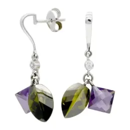 Pendientes oro blanco 18k mujer largos olivina combinada amatista