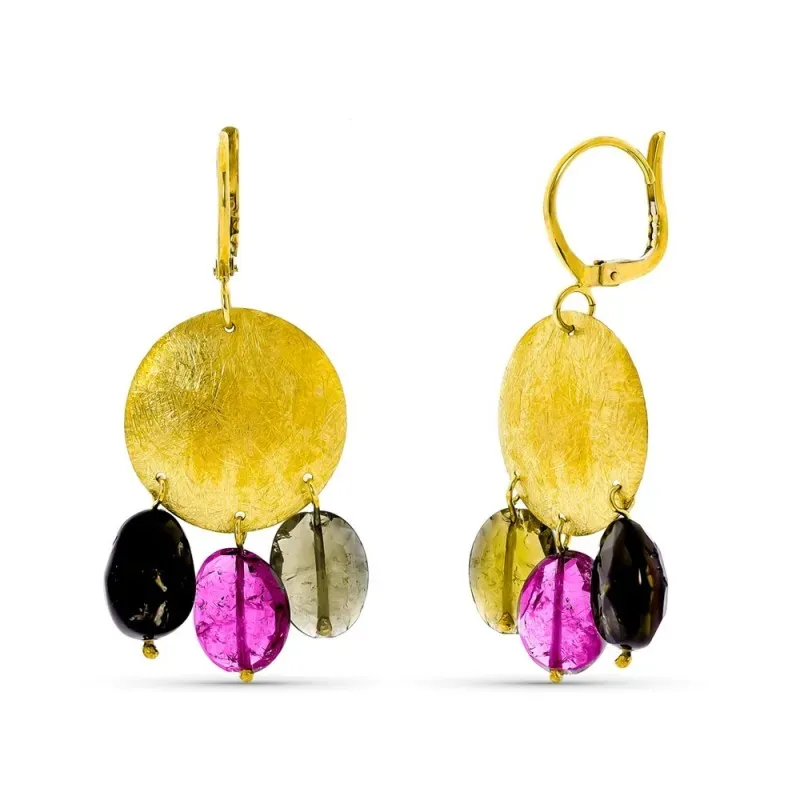 Pendientes oro 18k mujer largos 44mm. detalle redondo combinado piedr