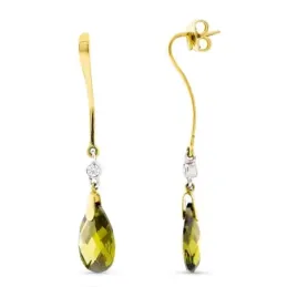 Pendientes oro bicolor 18k mujer largos 14 mm. olivina presión