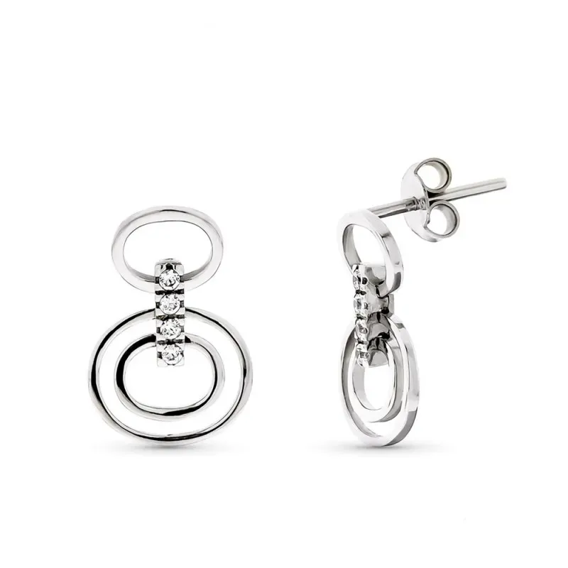 Pendientes oro blanco 18k mujer largos redondos calados lisos barra v