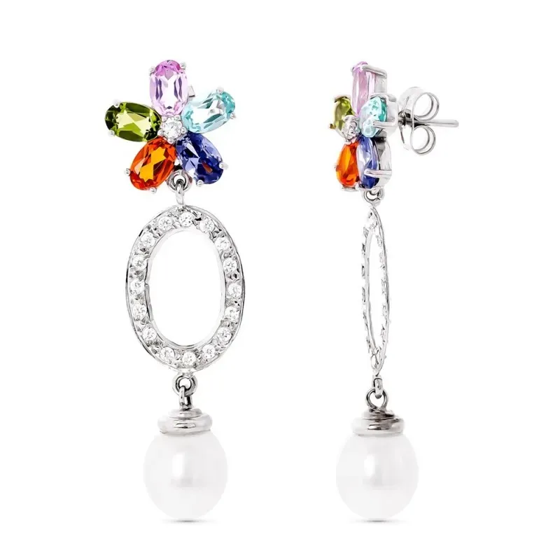 Pendientes oro blanco 18k mujer largos flor piedras color combinadas
