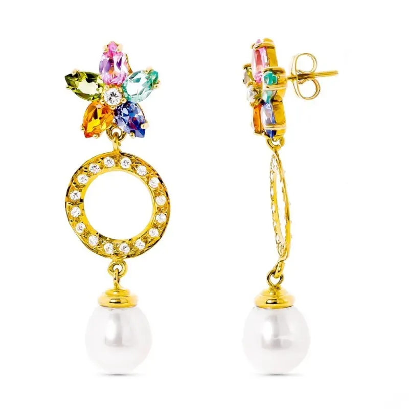 Pendientes oro 18k mujer largos flor piedras color combinadas círculo