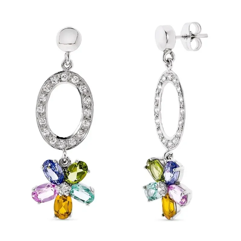 Pendientes oro blanco 18k mujer largos perla combinada oval calado ci