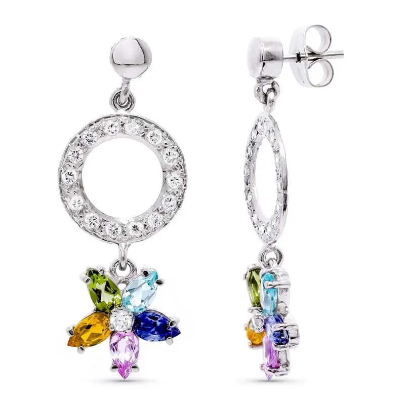 Pendientes oro blanco 18k mujer largos perla combinada círculo calado