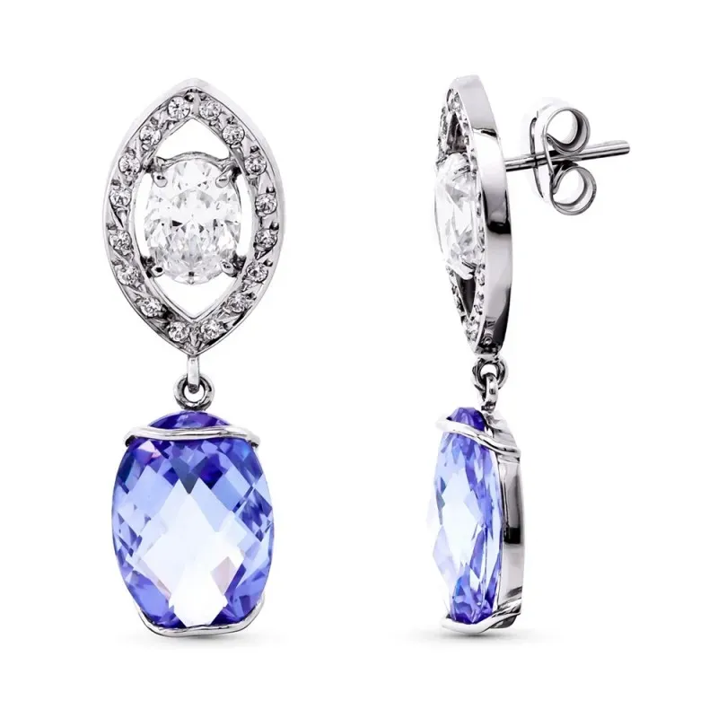 Pendientes oro blanco 18k mujer largos 35 mm. piedra centro combinada