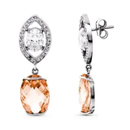 Pendientes oro blanco 18k mujer largos 35 mm. piedra centro combinada
